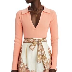 INTERMIX Nina Rib Knit Polo Top Sweater Women XL Salmon Blush Pink